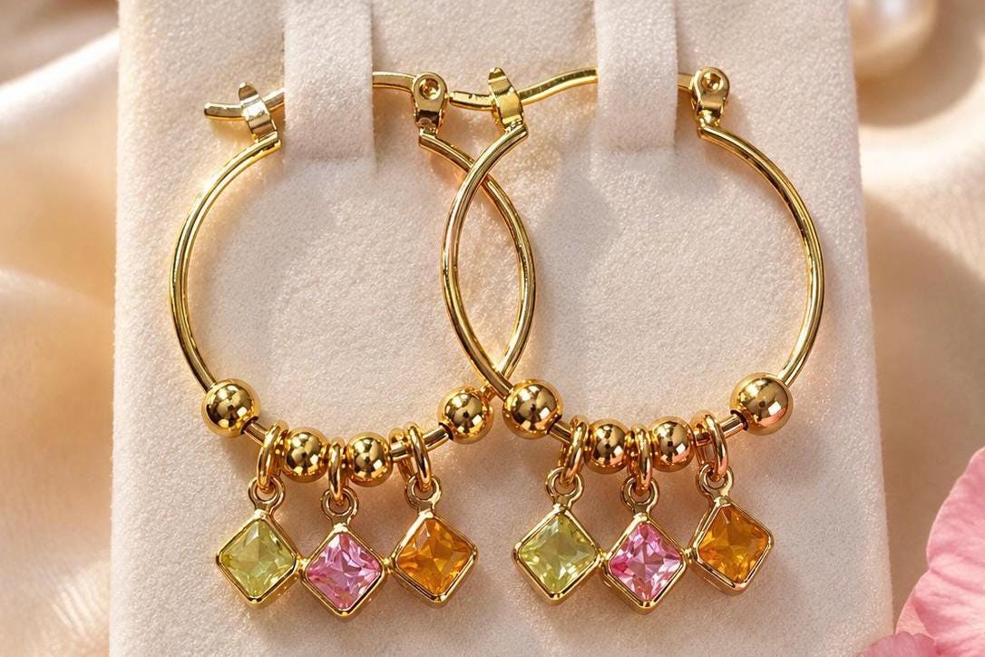 Gold Filled Hoop Earrings, 14K, Pastel CZ, Boho Aesthetic, Gift For Her, astrology lover, daily earrings, everyday earrings – handmade Hawaiian jewelry, Island Goddess Jewelry