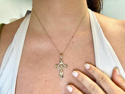 14K Solid Yellow Gold Cross Necklace Jesus Christ Pendant Giant Elegant Christian Gift for her Chritian Gift for Wife Christmas Gift