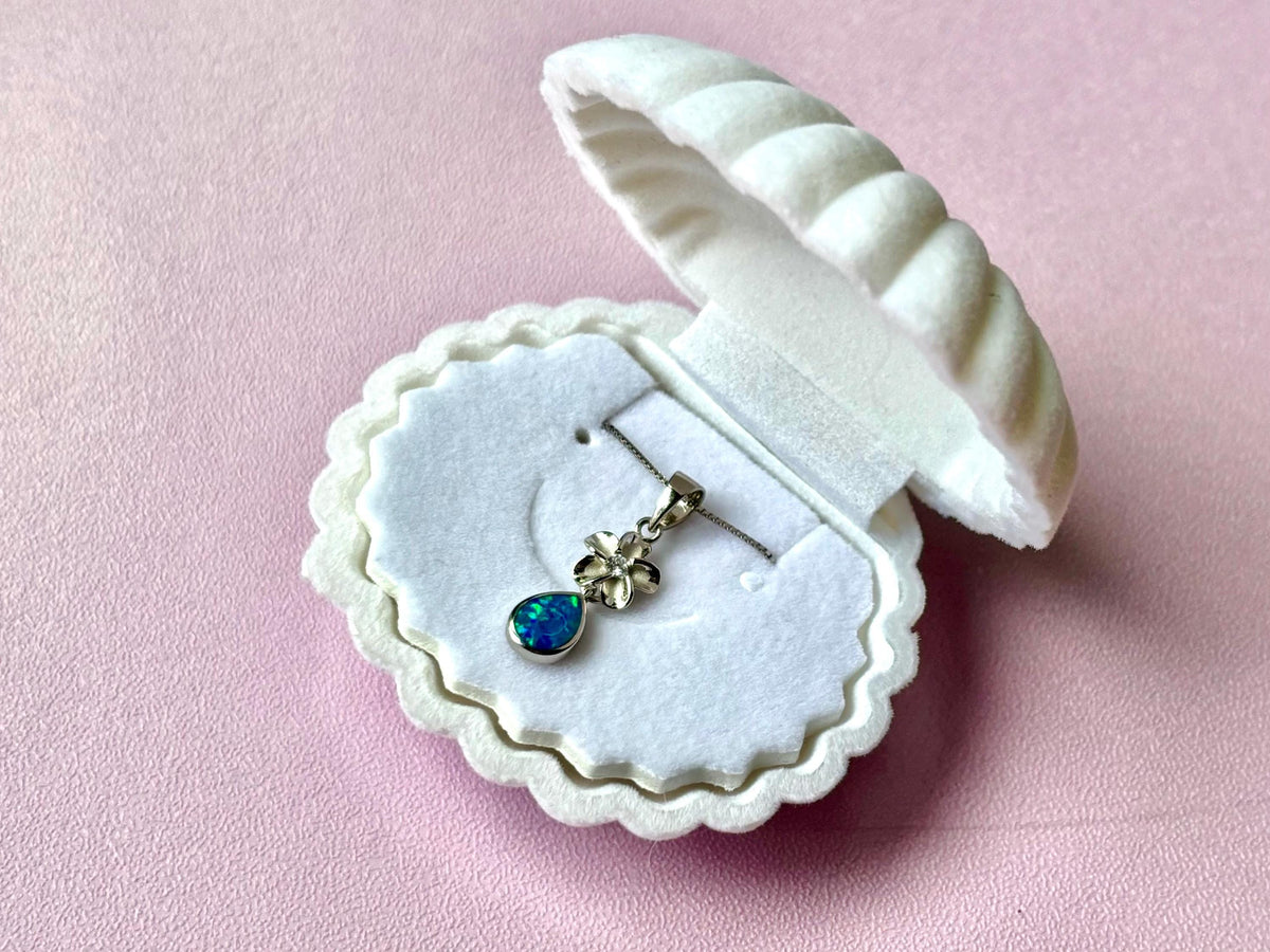 Blue Opal Plumeria Necklace, Rhodium Plated Silver Flower Pendant, gift for her, birthday gift, gift for mom – handmade Hawaiian jewelry, Island Goddess Jewelry