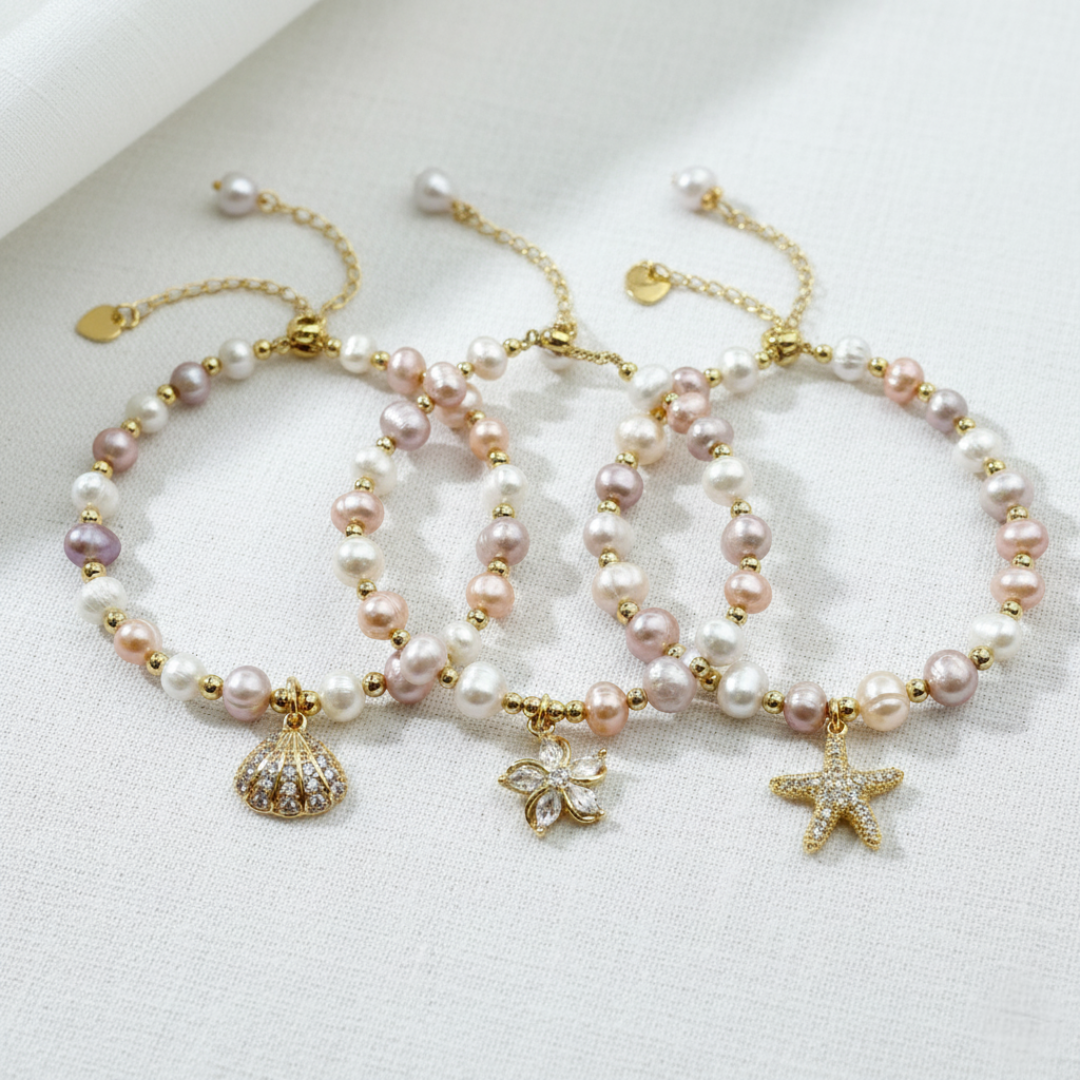 Three Color Pearl Charm Bracelet