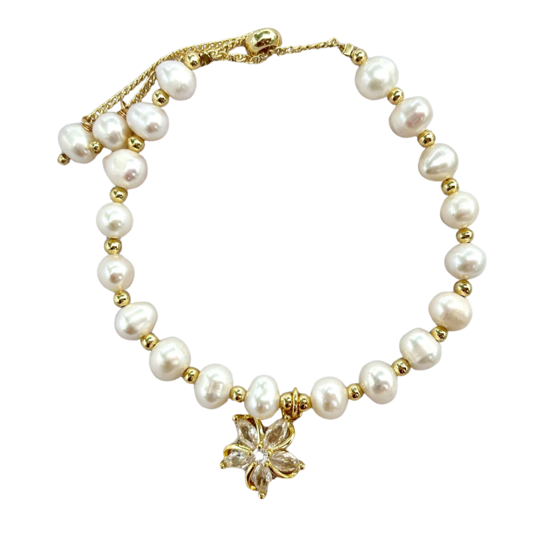 White  Freshwater Pearl Bracelet Flower Charm