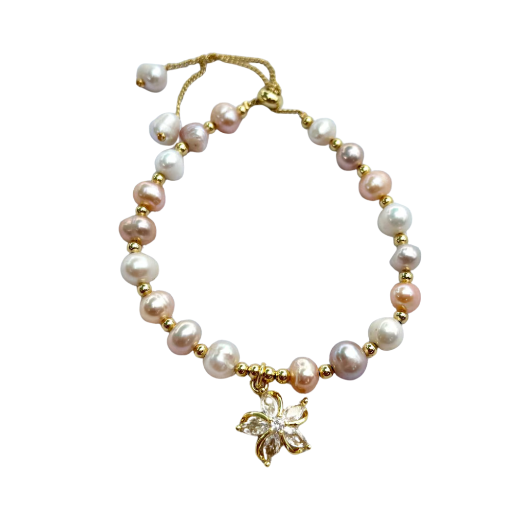 Tri-Color Pearl Bracelet with Flower Charm