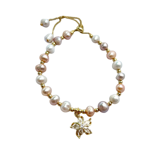 Tri-Color Pearl Bracelet with Flower Charm