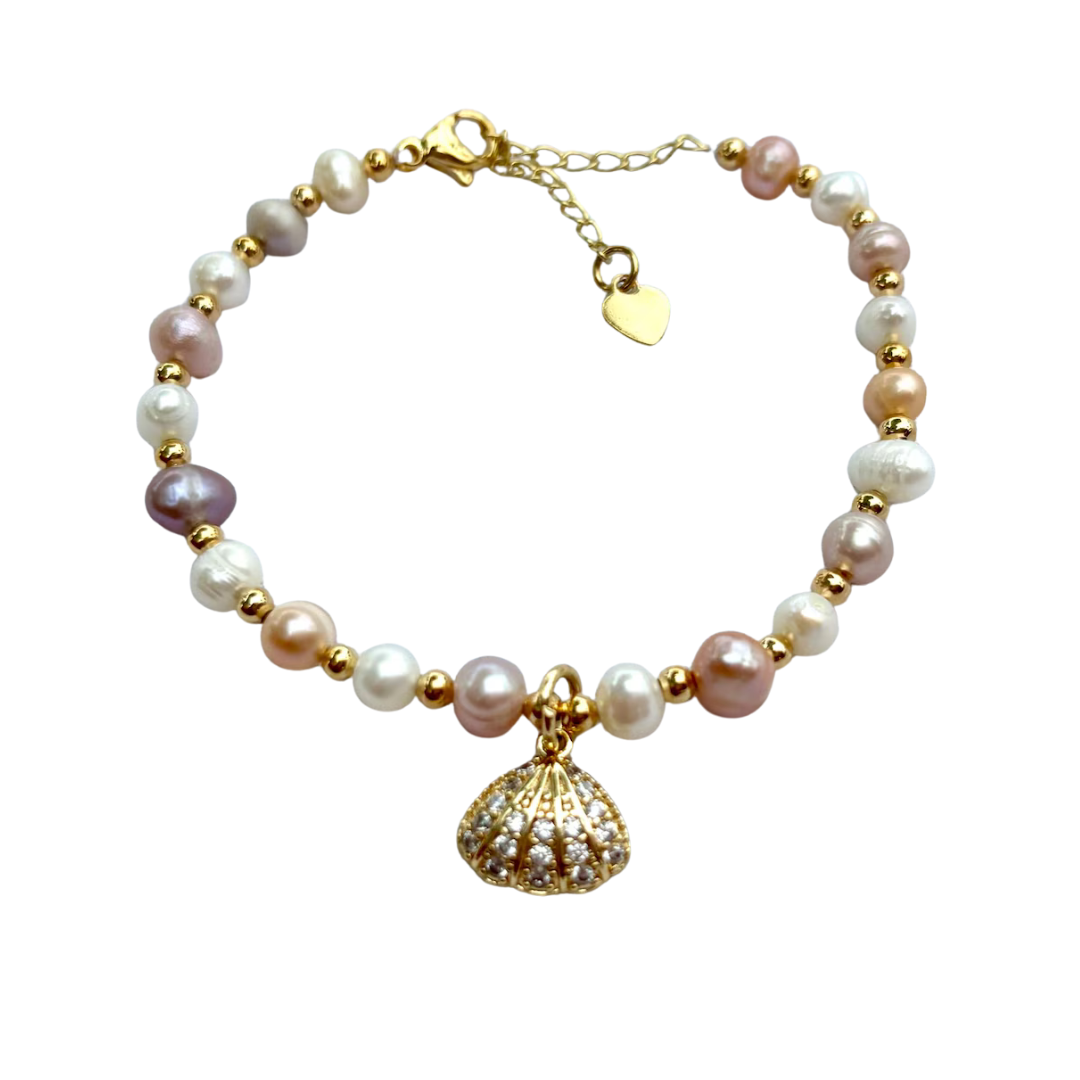 Tri-Color Pearl Bracelet with Shell Charm