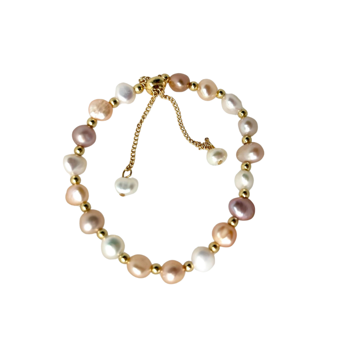 Three Tone Pearl Bracelet – Elegant Freshwater Jewelry With Copper Adjustable Clasp