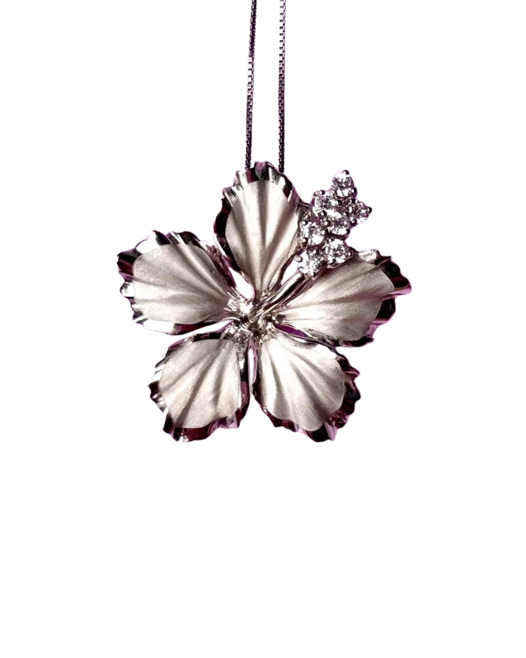 Hawaiian Hibiscus Flower elegant Necklace 925 Sterling Silver Rhodium Plated CZ stone with chain Cute Gift for Mom Mother Wife Girlfriend