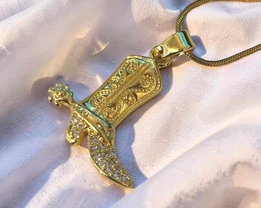 Floral Cowboy Boot Necklace – Gold Plated Cowgirl Jewelry With Sparkling Cubic Zirconia