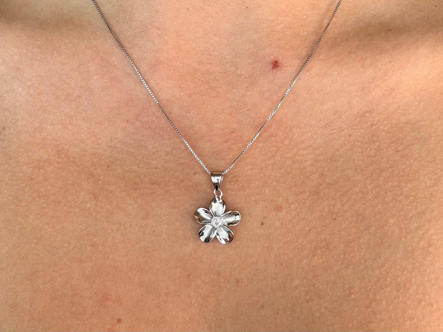 Hawaiian Plumeria Flower 925 Sterling Silver Tarnish Free Necklace with chain Cute Valentines Gift for her Wife Romantic Girlfriend Stone CZ