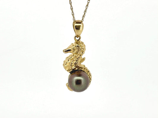 14K Solid Gold Tahitian Pearl Necklace Seahorse Pendant Black Pearl Pendant Seahorse Necklace Birthday Gift For Her Gold Pendant