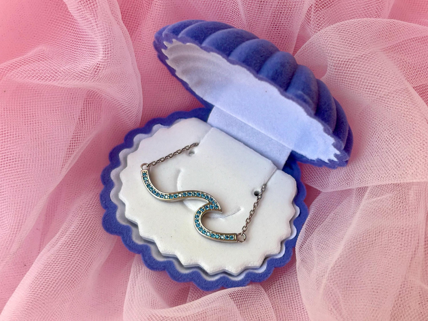 Hawaiian Blue Cubic Zirconia Wave Necklace - 925 Sterling Silver