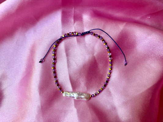 Amethyst Genuine Natural Freshwater White Pearl Bracelet, Adjustable Gold Bracelet Stainless Steel Birthday Gift for Her
