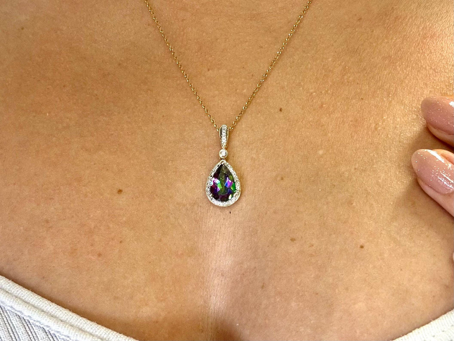 Ocean Light Mystic Topaz Pendant – 14k Solid Gold Necklace with Diamond Accent