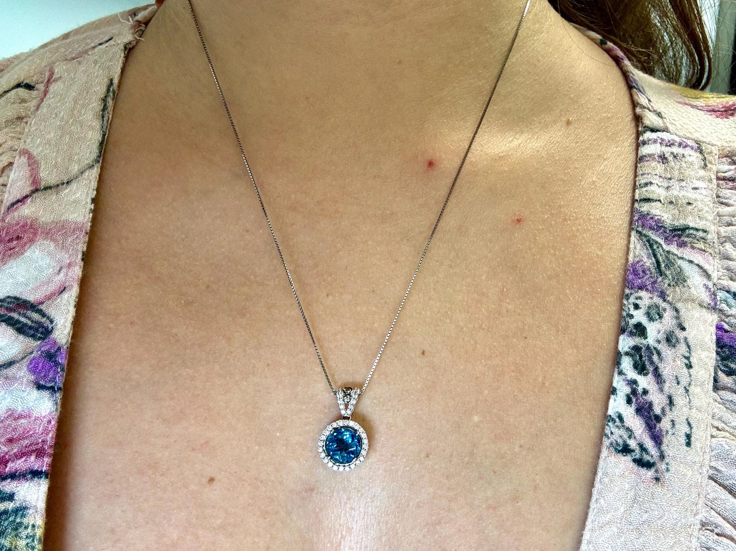 14K Solid White Gold Blue Topaz Diamond Pendant Blue Topaz Necklace Diamond Necklace Topaz Pendant December Birthstone Birthday Gift for Her