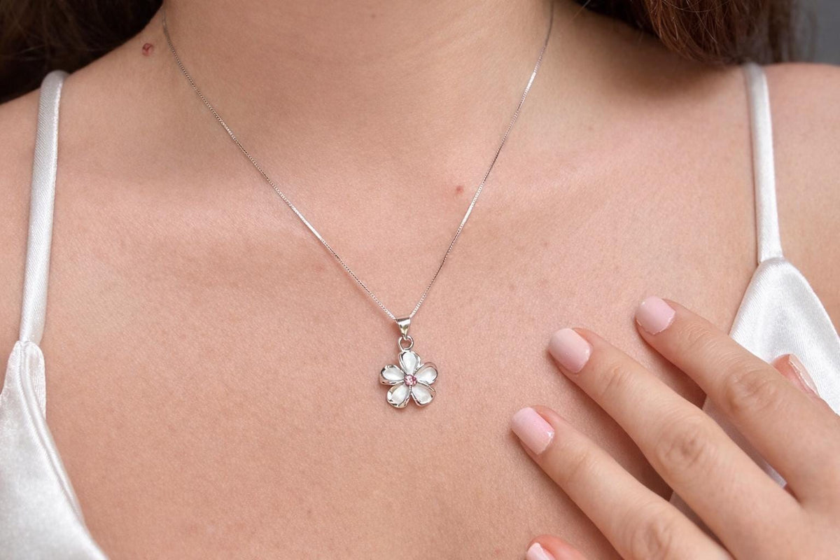 Plumeria Flower Necklace, Pink Cubic Zirconia, 925 Sterling Silver, gift for her, mothers day gift, gift for mom – handmade Hawaiian jewelry, Island Goddess Jewelry