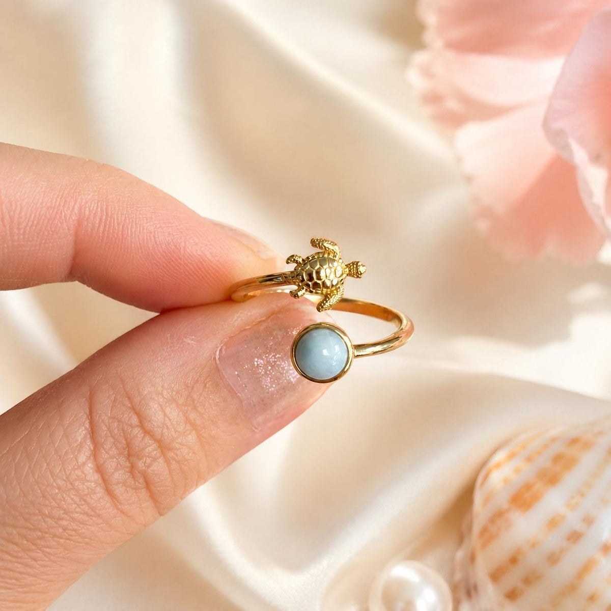 Larimar Turtle Ring, 14K Gold Plated Stackable Nature Jewelry, gift for her, adjustable ring, gift – handmade Hawaiian jewelry, Island Goddess Jewelry