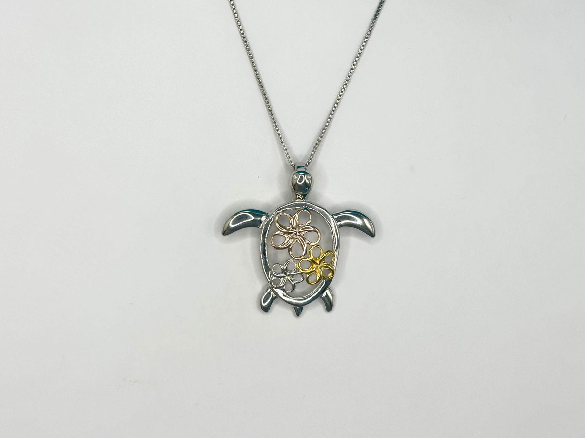 Hawaiian Turtle Necklace, 3-Color Plumeria Honu, 925 Silver Gifts, gift for her, grandma necklace, mothers day – handmade Hawaiian jewelry, Island Goddess Jewelry