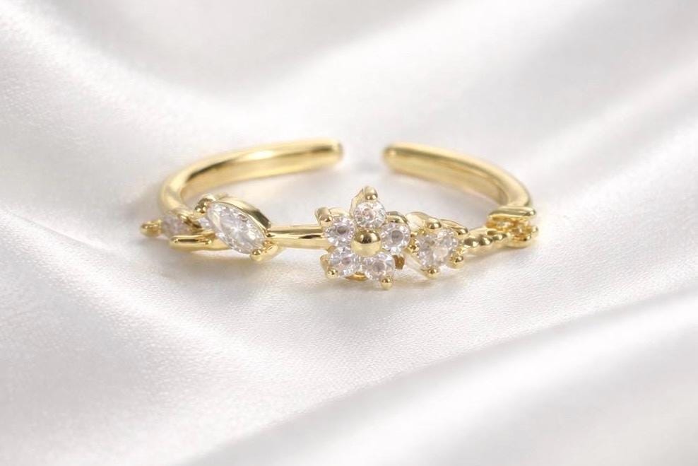 Flower Ring – Plumeria Adjustable Gold Plated Stainless Steel Stackable Jewelry