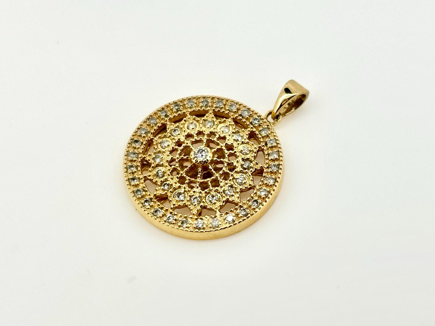 14K Yellow Gold Mandala Pendant with Diamonds, 17mm Round Dainty Gold Necklace, Everyday Jewelry, Anniversary Gift, Unique Gift for Women