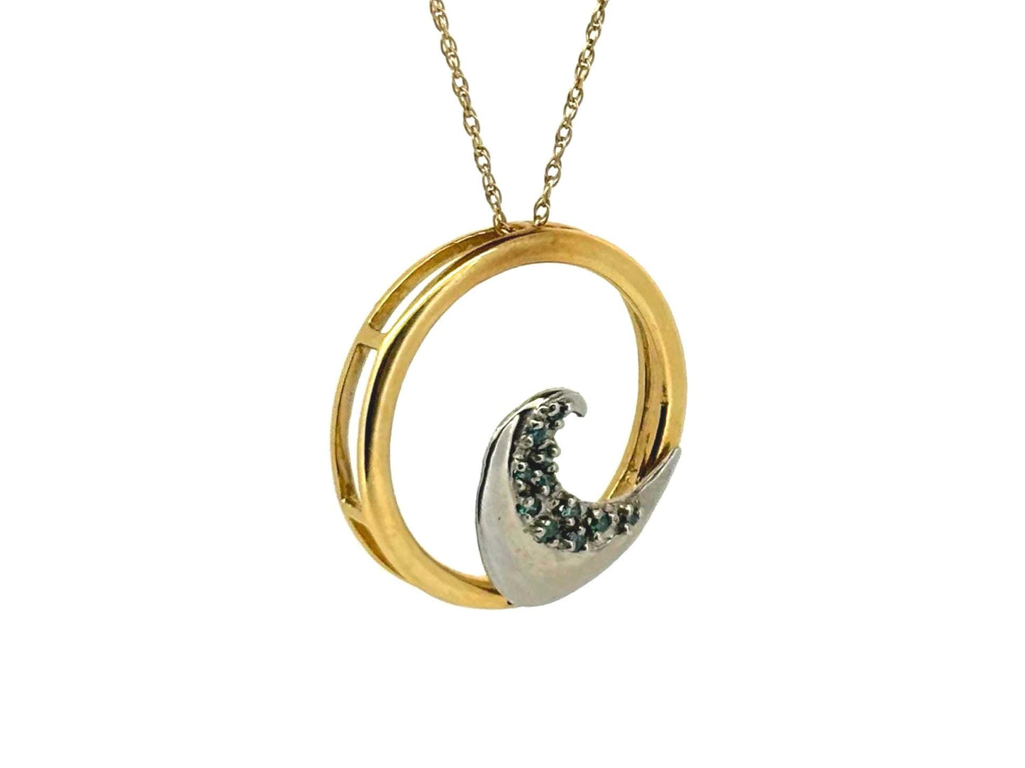 Eternal Wave of Aloha Necklace -14K Two-Tone Gold Blue Diamond Wave Pendant