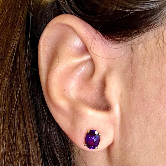 Amethyst Harmony Earrings | 14k Solid Gold Oval Studs |