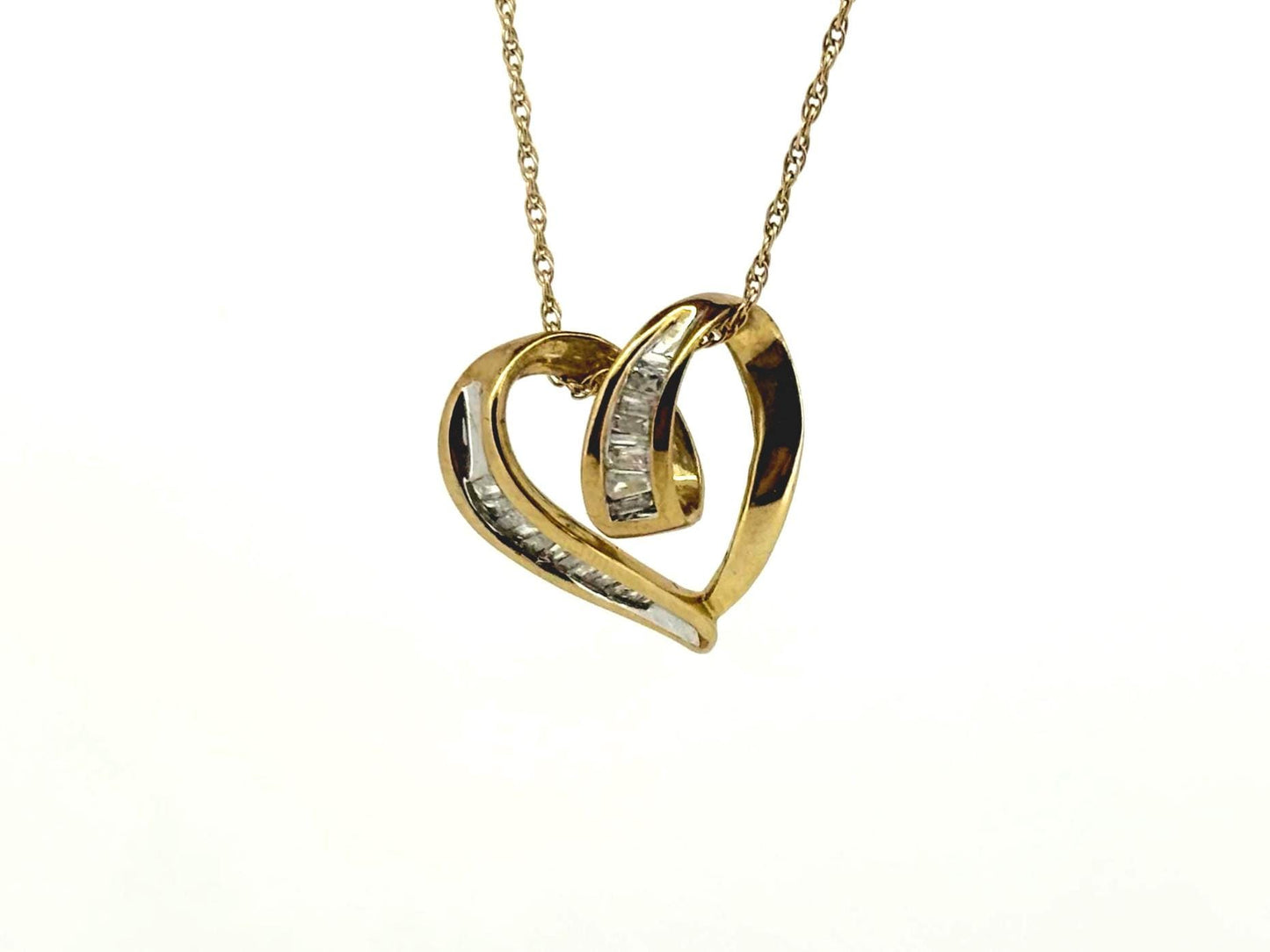 10K Yellow Gold Heart Pendant, Baguette Diamond Slide Necklace, Dainty Gold Heart Necklace Minimalist Diamond Pendant, Romantic Gift for Her