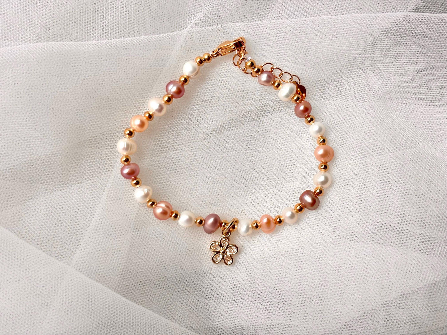 Genuine Natural Freshwater 3 Color Pearl Bracelet Adjustable With Dainty Flower Charm Gold Color Birthday Gift For Her Gift for Girlfriend