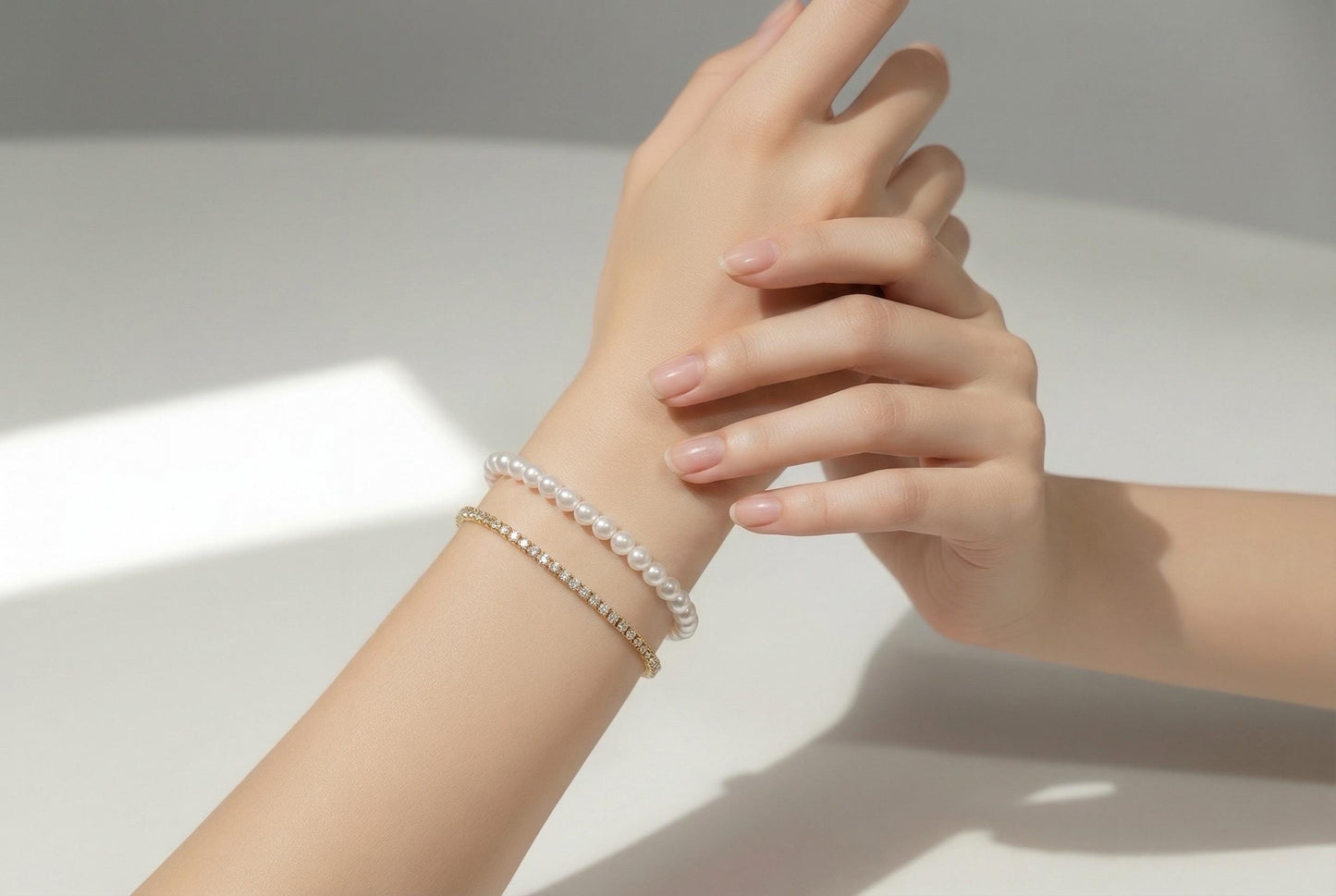 Dainty Pearl Tennis Bracelet – Adjustable Gold Stackable Bracelet with Cubic Zirconia Sparkle