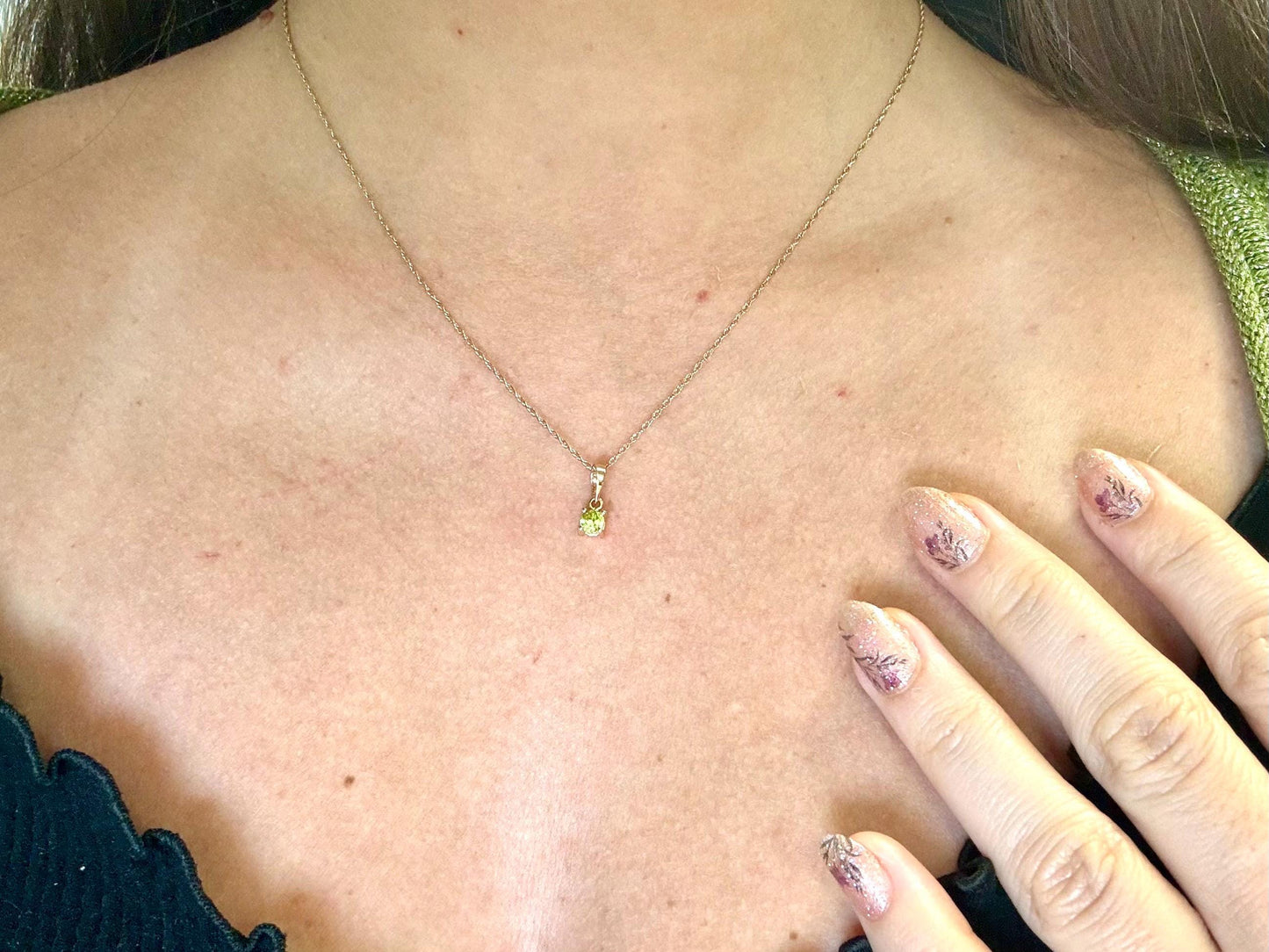 14K Solid Gold Necklace Peridot Pendant Hawaiian Diamond Peles Tears - Birthday Gift for Her Gift For Mom Green Necklace Peridot Necklace