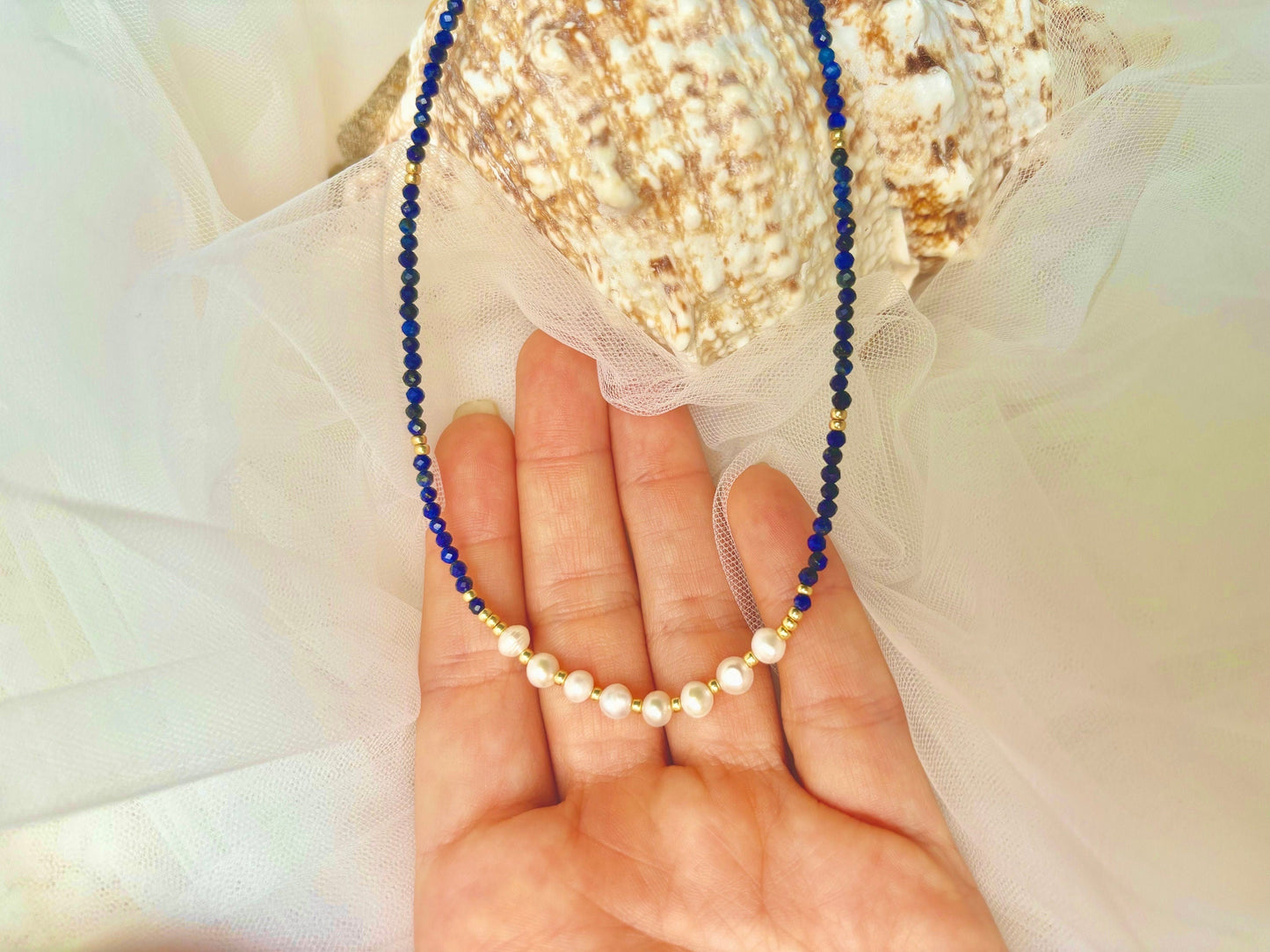Healing Crystal December Birth Stone Necklace Genuine Freshwater White Pearl Lapis Lazuli Necklace Adjustable Tarnish Free Cute Gift For Her