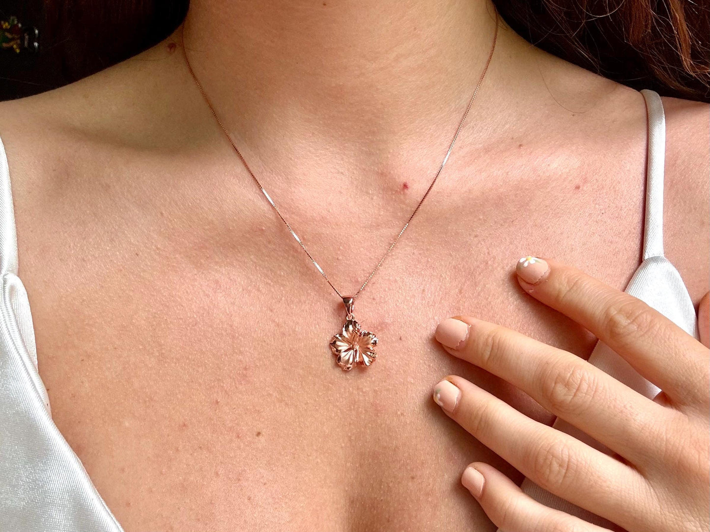 Hawaiian Hibiscus Flower Rose Gold Elegant Necklace 925 Sterling Silver with chain Cute Gift for Mom Mother Wife Girlfriend Romantic