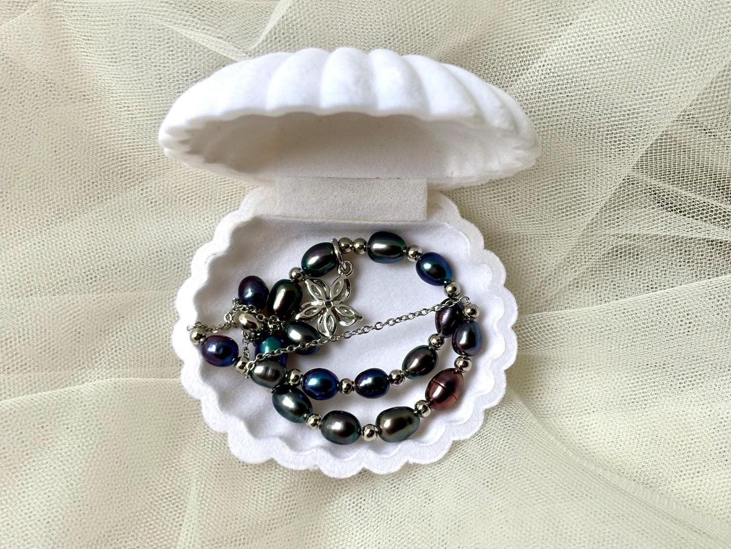 Black Pearl Bracelet with Silver Flower Charm