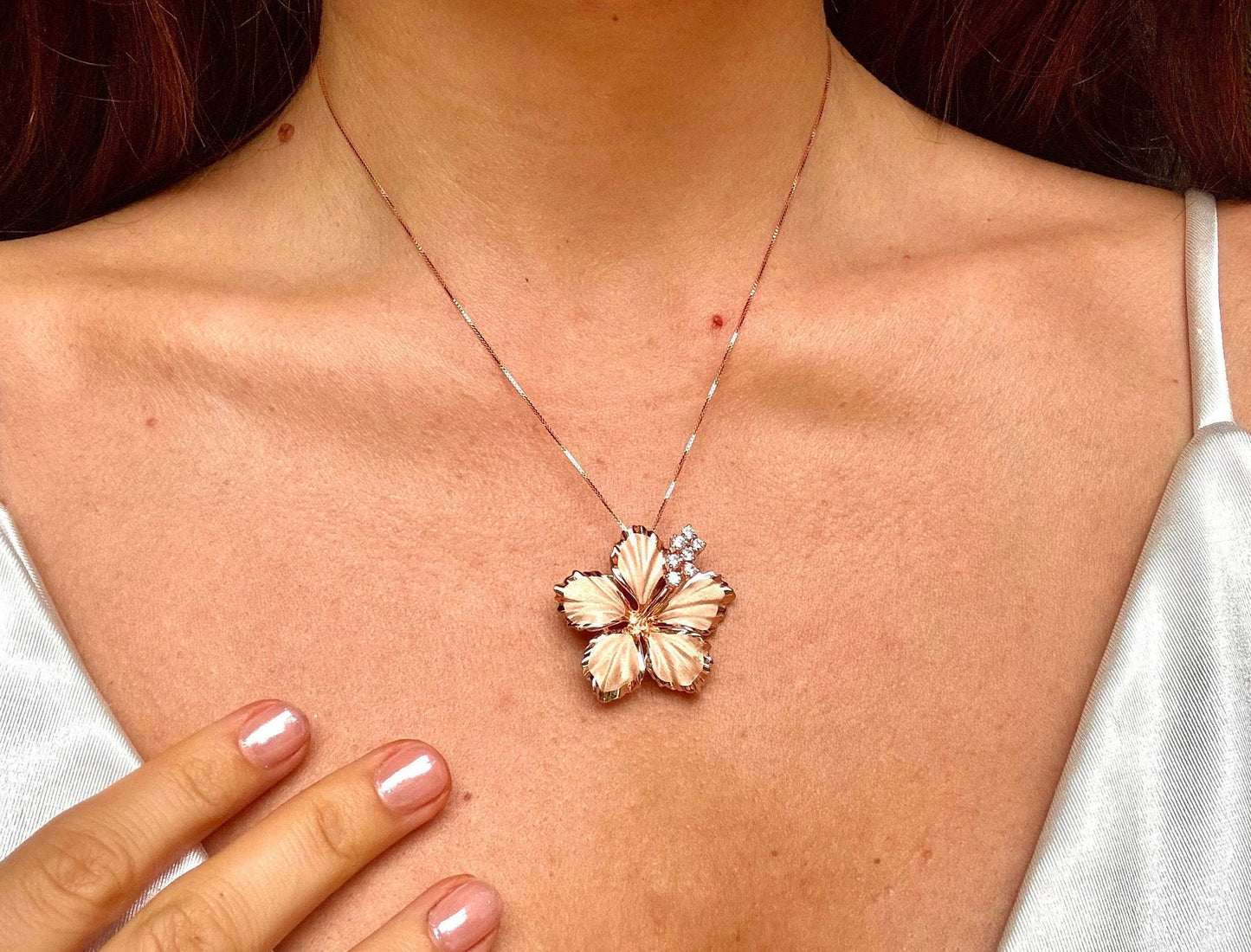 Hawaiian Hibiscus Flower elegant Necklace 925 Sterling Silver 14K Rose Plated CZ stone with chain Cute Gift for Mom Mother Wife Girlfriend