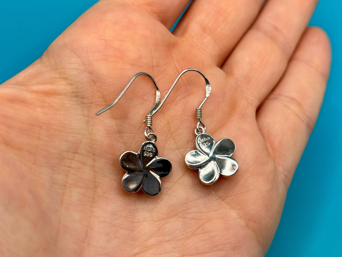 Koa Wood Plumeria Earrings, Hawaiian Sterling Silver Dangle Gift, ball, chain, nontarnish – handmade Hawaiian jewelry, Island Goddess Jewelry