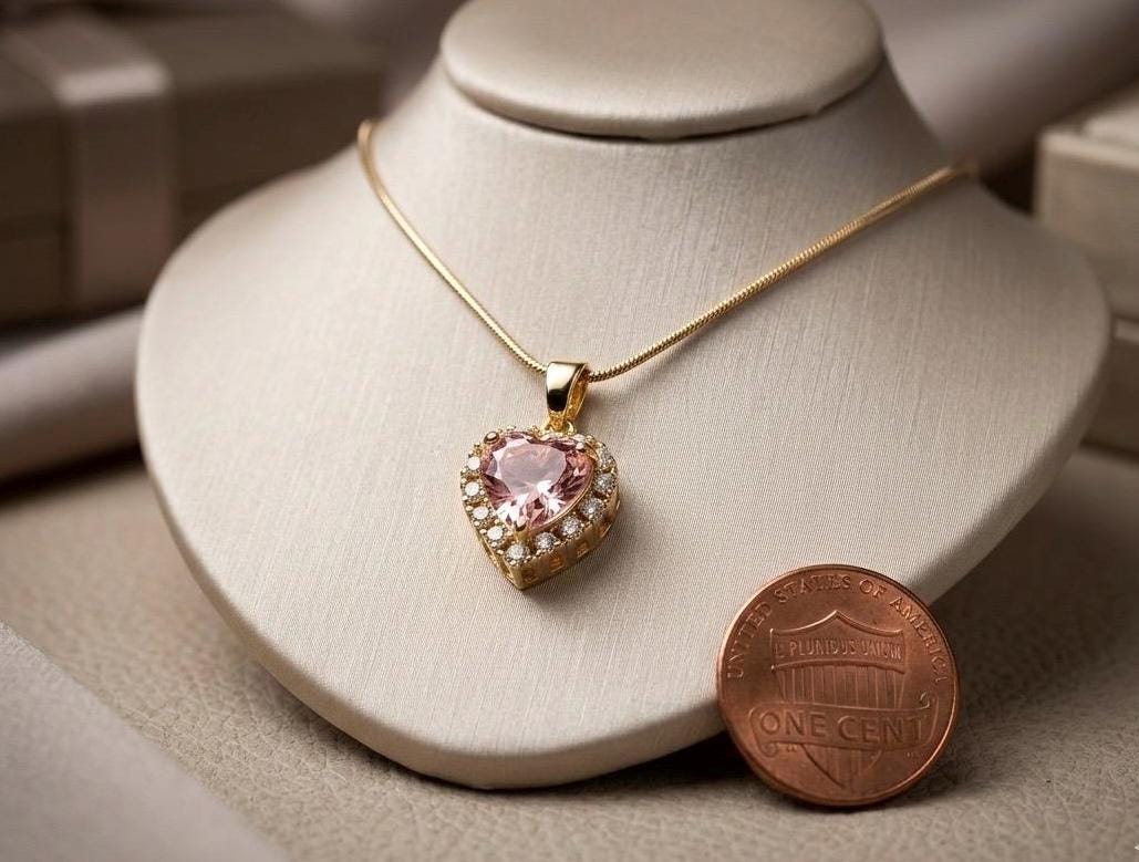 Pink Heart Necklace – Adjustable Chain Necklace With Cubic Zirconia Pendant Gift For Her