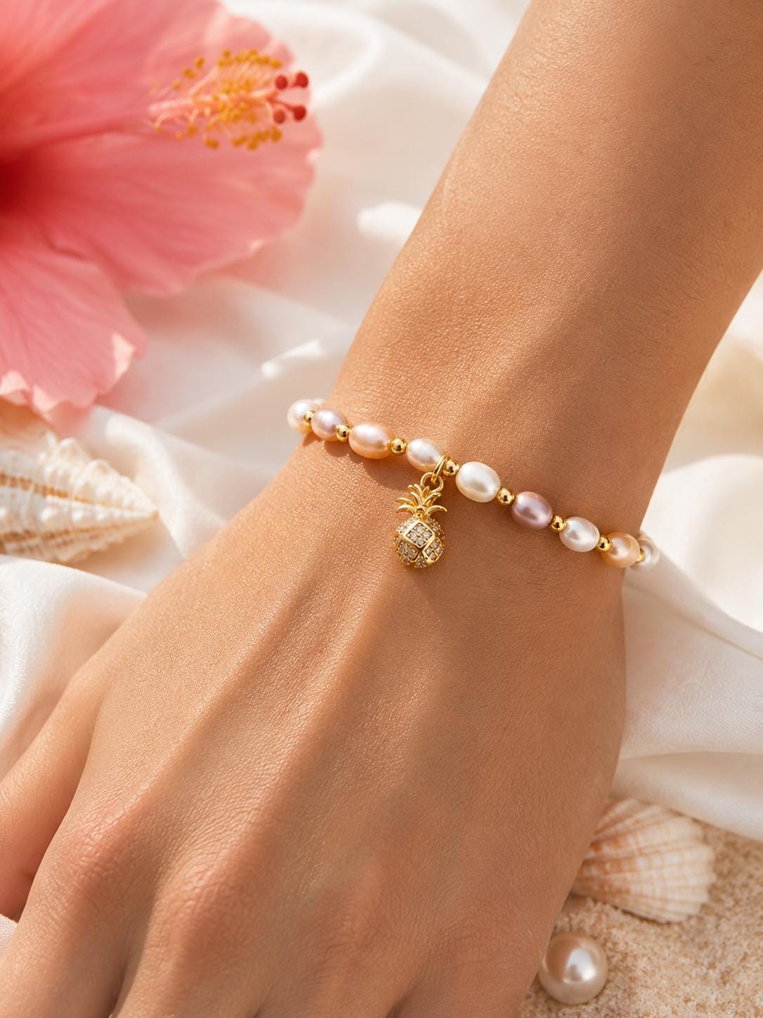Multi Color Pearl Bracelet, Custom 3 Color With Pineapple Charm, bridal, wedding, hawaii – handmade Hawaiian jewelry, Island Goddess Jewelry