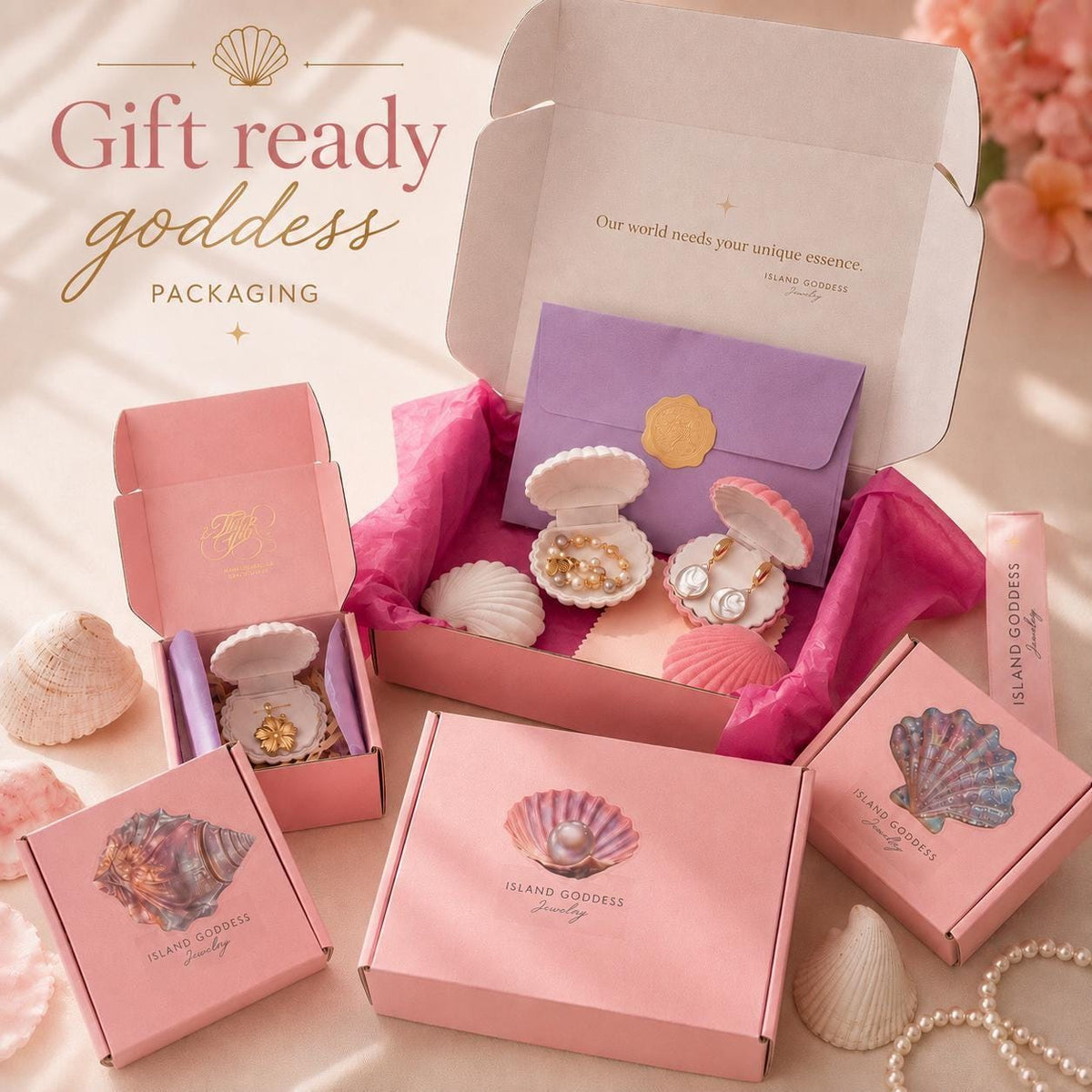 a collection of pink and purple gift boxes and jewelry packaging, including earrings and a necklace, arranged on a table with seashells and pearls.