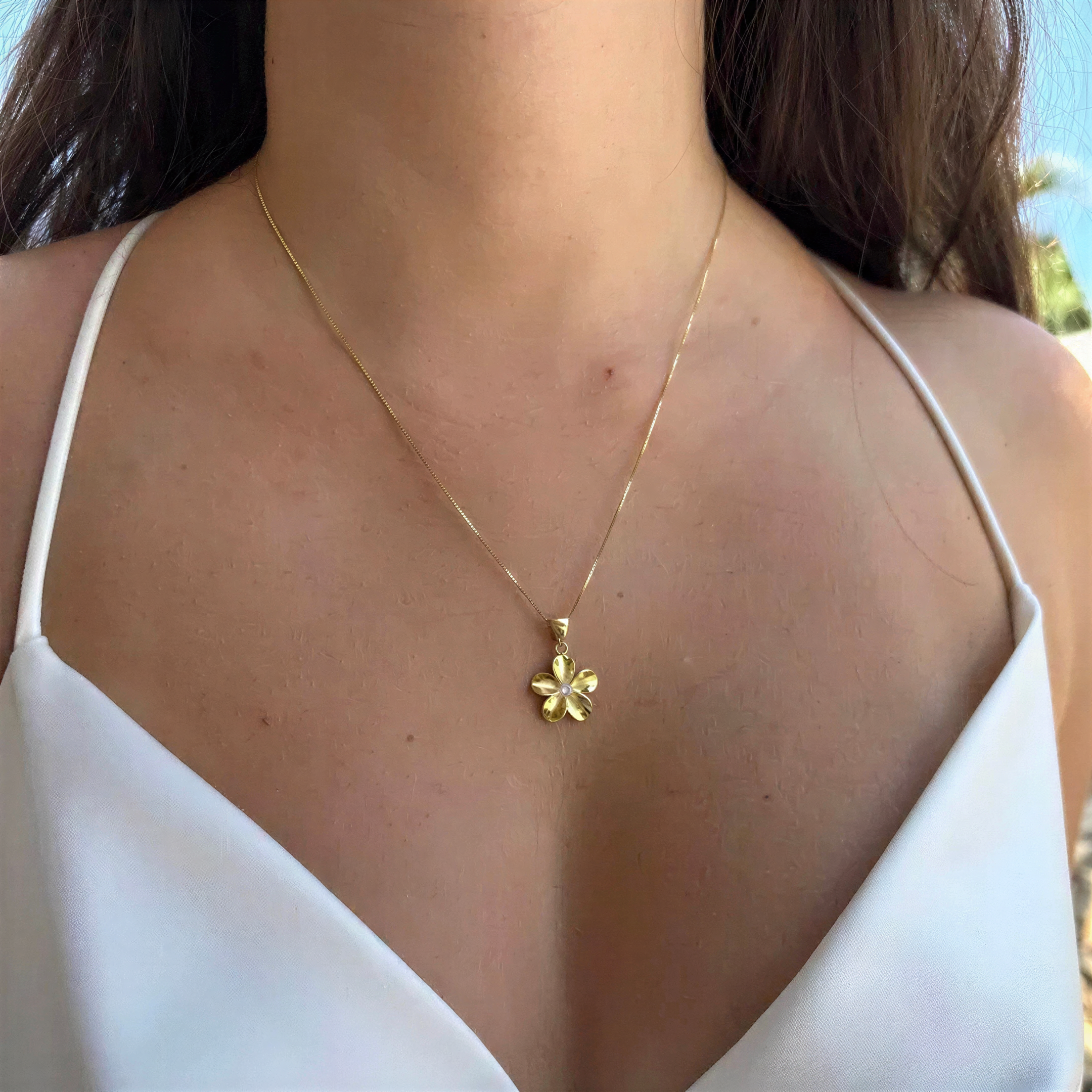 Plumeria Flower Necklace – Sterling Silver Chain With Gold Plated Hawaiian Pendant – handmade Hawaiian jewelry, Island Goddess Jewelry