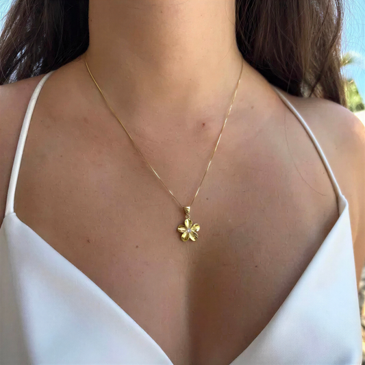 Plumeria Flower Necklace – Sterling Silver Chain With Gold Plated Hawaiian Pendant – handmade Hawaiian jewelry, Island Goddess Jewelry