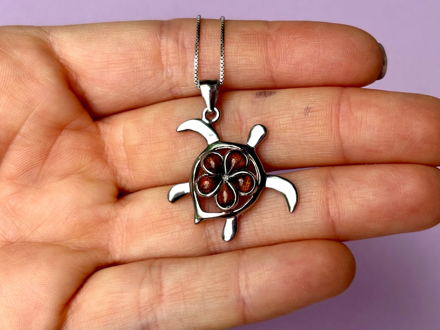 Hawaiian Sea Turtle Necklace –   with Koa Wood & Plumeria Flower Pendant