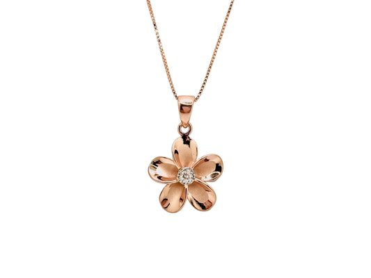 Plumeria Flower Necklace – Sterling Silver Rose Gold Pendant With Cubic Zirconia Accent