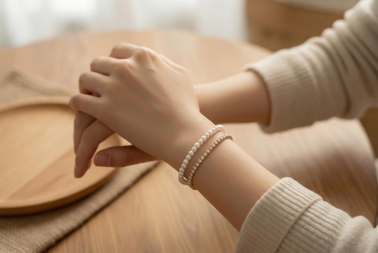 Dainty Pearl Tennis Bracelet – Adjustable Gold Stackable Bracelet with Cubic Zirconia Sparkle