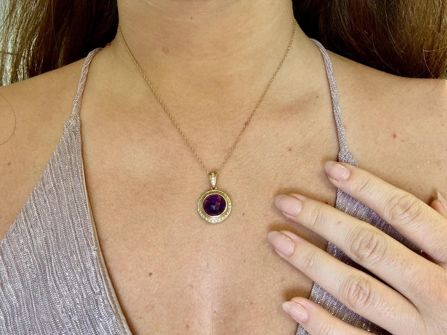 14K Yellow Gold Amethyst Pendant with Diamonds | Purple Jewelry | February birthstone | Gift for her birthday, anniversary Gold Necklace