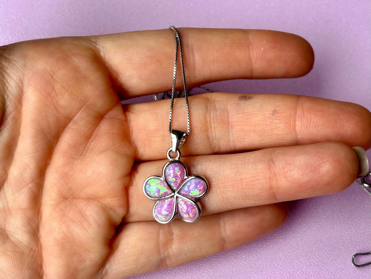 Hawaiian Plumeria Flower Necklace 925 Sterling Silver Tarnish Free Girly Pink Opal Necklace With Chain Birthday Gift For Her Dainty Necklace
