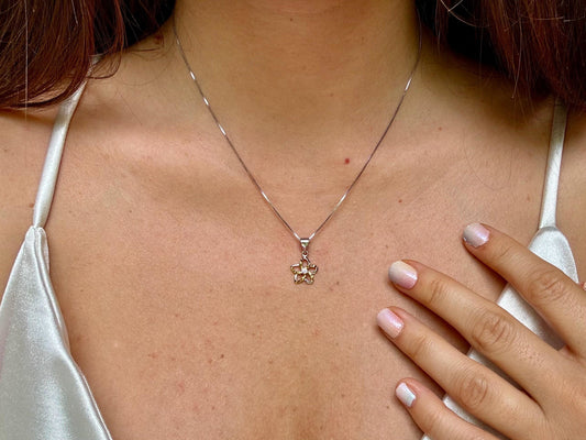Hawaiian Plumeria Flower Necklace with CZ Stone Flower Jewelry Gift for Her Birthday Gift for Wife, Mom, Girlfriend Sterling Silver