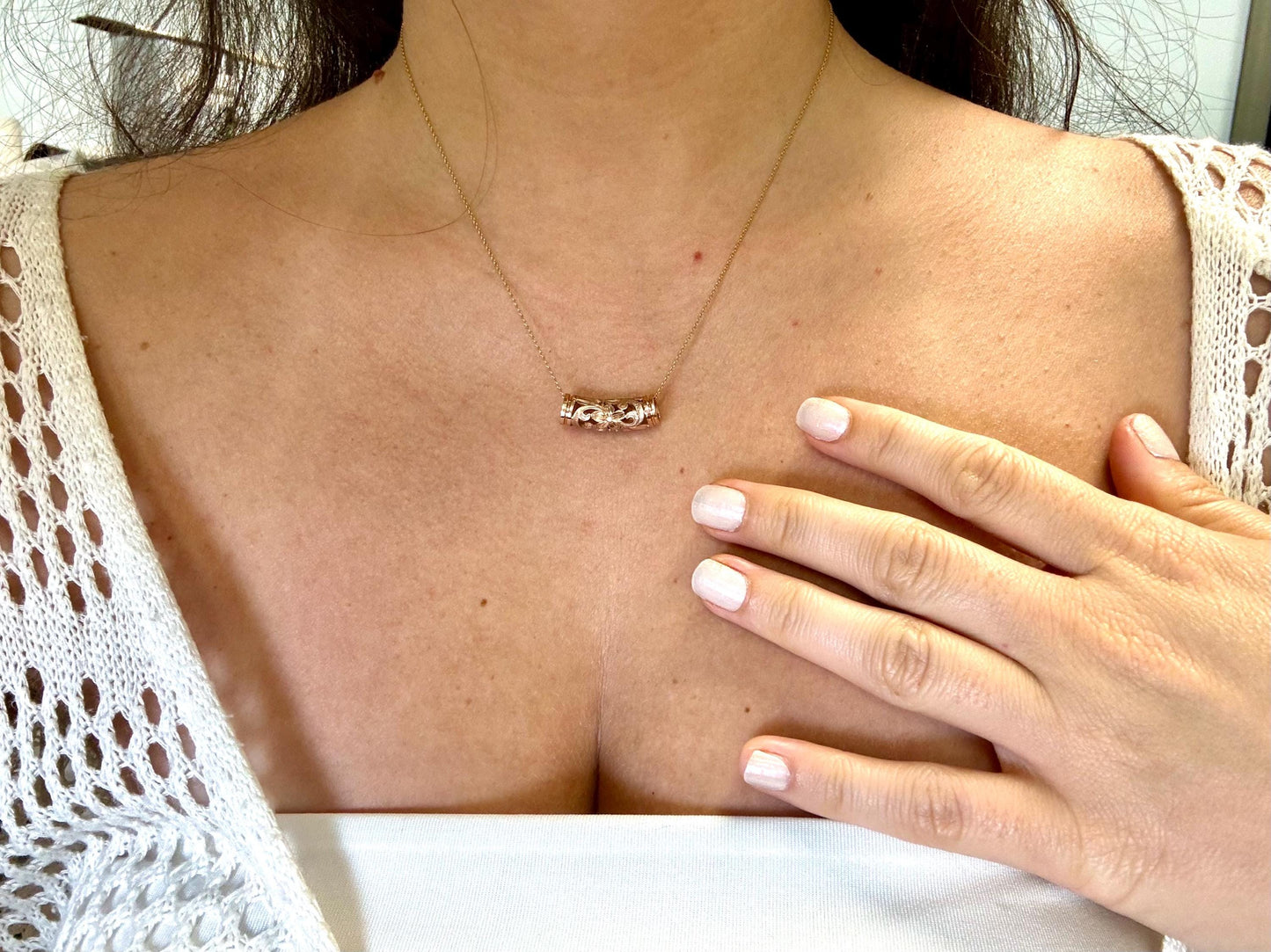 14K Solid Gold Hawaiian Barrel Pendant Flower Pendant Slider Necklace Gold Pendant Birthday Gift for her Gift for Mom Flower Puka Bead Scrol