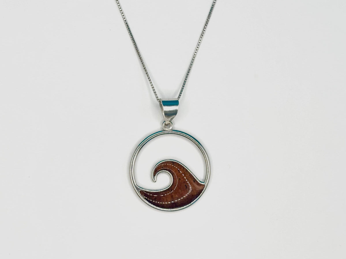 Koa Wood Wave Necklace, Rhodium Plated Sterling Silver, Hawaii, ocean, gift, nontarnish – handmade Hawaiian jewelry, Island Goddess Jewelry