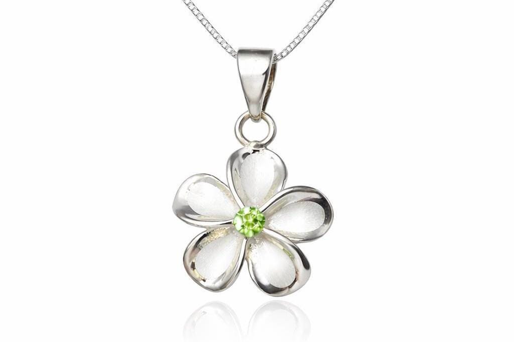 Plumeria Flower Necklace, Peridot, 925 Sterling Silver, Tarnish Free, gift for her, mothers day gift, gift for mom – handmade Hawaiian jewelry, Island Goddess Jewelry