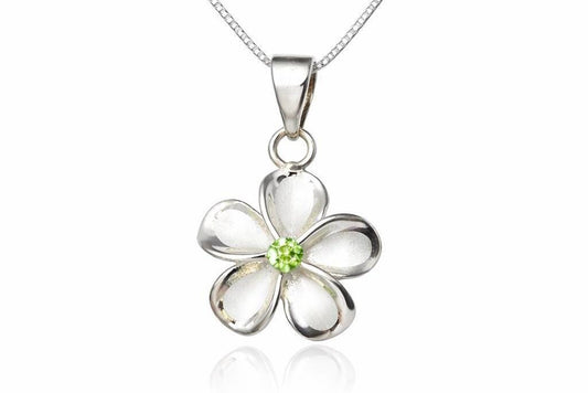 Plumeria Flower Necklace, Peridot, 925 Sterling Silver, Tarnish Free, gift for her, mothers day gift, gift for mom – handmade Hawaiian jewelry, Island Goddess Jewelry