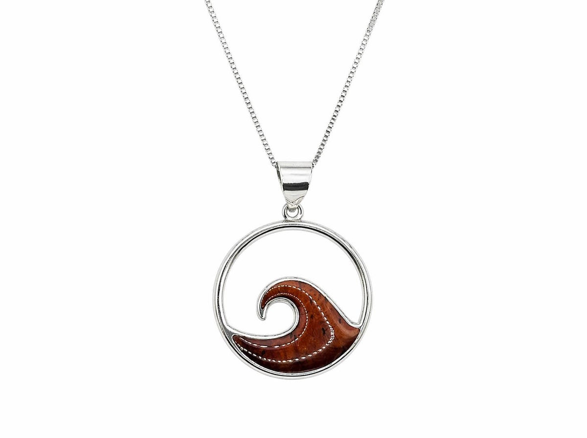 Koa Wood Wave Necklace, Rhodium Plated Sterling Silver, Hawaii, ocean, gift, nontarnish – handmade Hawaiian jewelry, Island Goddess Jewelry
