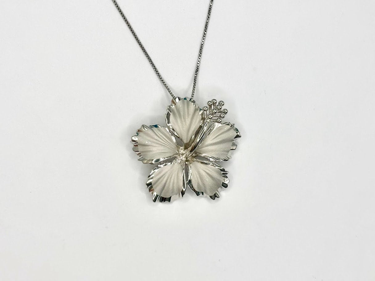 Hawaiian Hibiscus Flower elegant Necklace 925 Sterling Silver large Rhodium Plated with chain Cute Gift for Mom Mother Wife Girlfriend